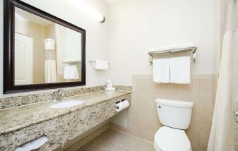 Guest bathroom with shower at Best Western Sugar Land Inn.