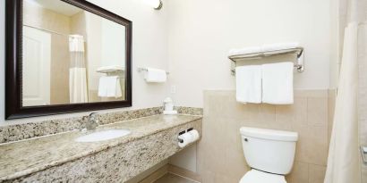 Guest bathroom with shower at Best Western Sugar Land Inn.