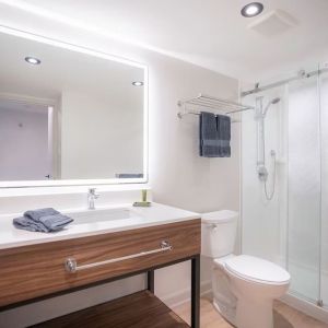 Guest bathroom with shower and free toiletries at Les Suites Hotel Ottawa.