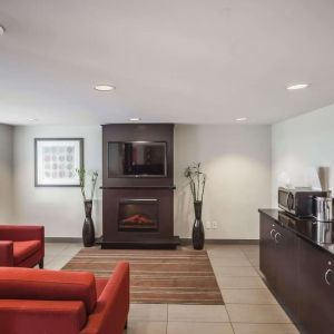 Lobby lounge with comfortable seating and fireplace at Comfort Inn Edmonton West.