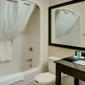 Guest bathroom with tub and free toiletries at Comfort Inn Edmonton West.