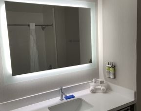 Guest bathroom with shower at Holiday Inn Express & Suites Hermosa Beach.