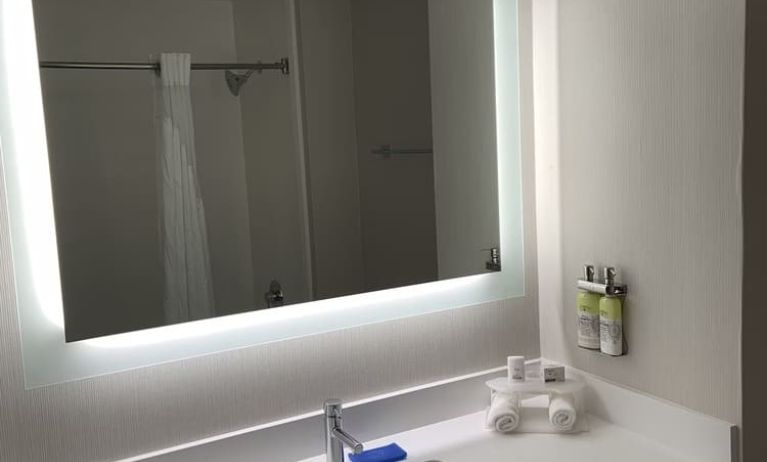 Guest bathroom with shower at Holiday Inn Express & Suites Hermosa Beach.