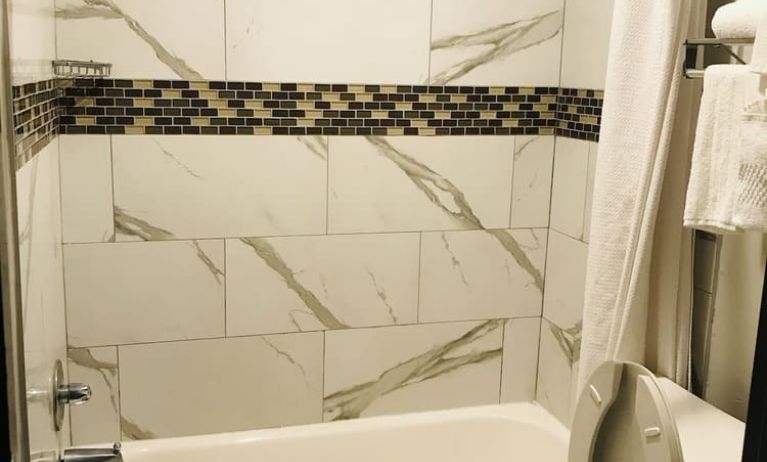 Guest bathroom with shower and tub at Summit Inn Near Houston Medical Center-NRG Park.