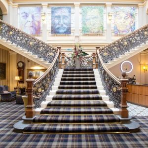 Hotel lobby with double staircase at The Royal Highland Hotel.