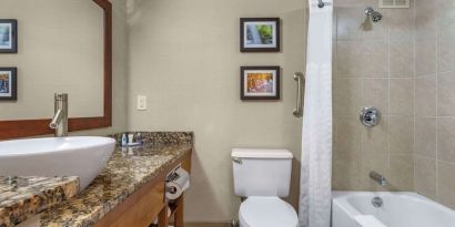 Guest bathroom with shower and tub at Comfort Inn & Suites Glen Mills – Concordville.