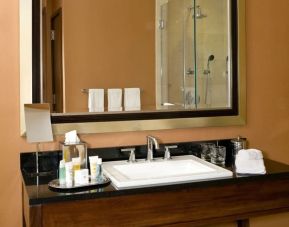 Guest bathroom with shower at The Bostonian Boston, A Millennium Hotel.