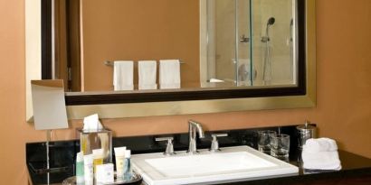 Guest bathroom with shower at The Bostonian Boston, A Millennium Hotel.