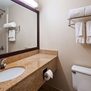 Guest bathroom with shower at Best Western Executive Hotel Of New Haven-West Haven.