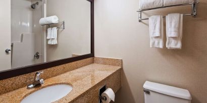 Guest bathroom with shower at Best Western Executive Hotel Of New Haven-West Haven.