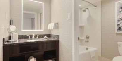 Guest bathroom with shower and tub at Capital Hilton.