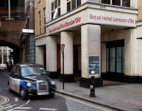 Hotel entrance at Leonardo Royal Hotel London City.