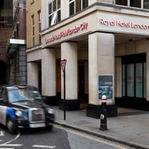 Hotel entrance at Leonardo Royal Hotel London City.