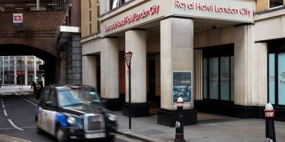 Hotel entrance at Leonardo Royal Hotel London City.