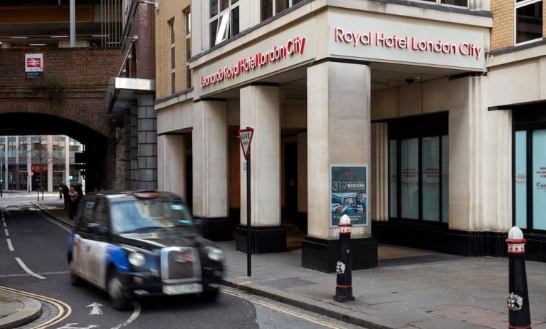 Hotel entrance at Leonardo Royal Hotel London City.