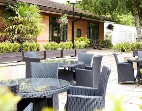 Hotel terrace with comfortable seating at Novotel Manchester West.