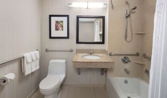 Guest bathroom with shower and tub at Hilton Garden Inn Queens/JFK Airport.