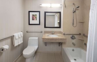 Guest bathroom with shower and tub at Hilton Garden Inn Queens/JFK Airport.