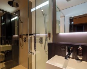 Guest bathroom with shower at Bloc Hotel Birmingham.