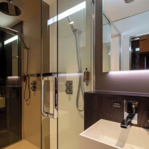 Guest bathroom with shower at Bloc Hotel Birmingham.