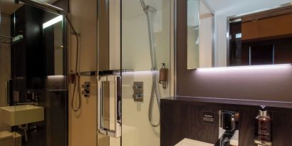 Guest bathroom with shower at Bloc Hotel Birmingham.