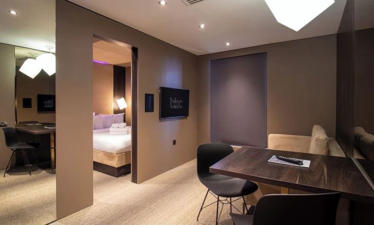 Double day use room with workspace and private bathroom at Bloc Hotel Birmingham.