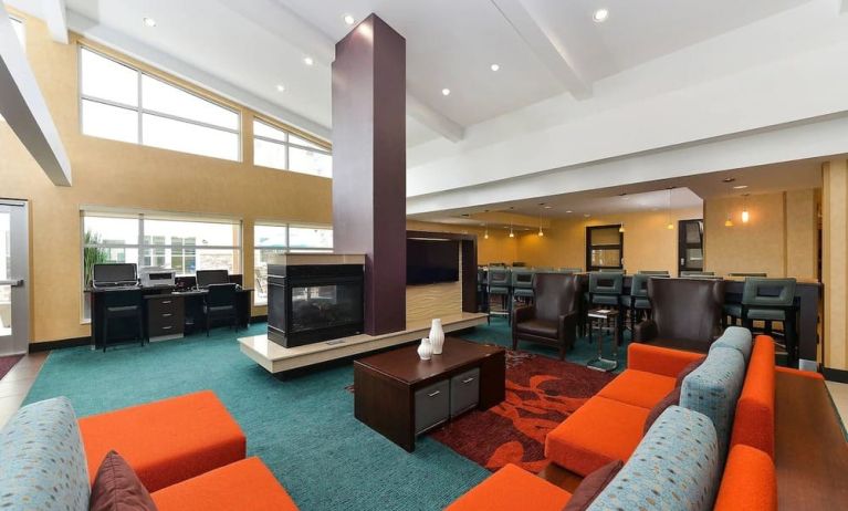 Lobby and coworking lounge at Residence Inn Champaign.