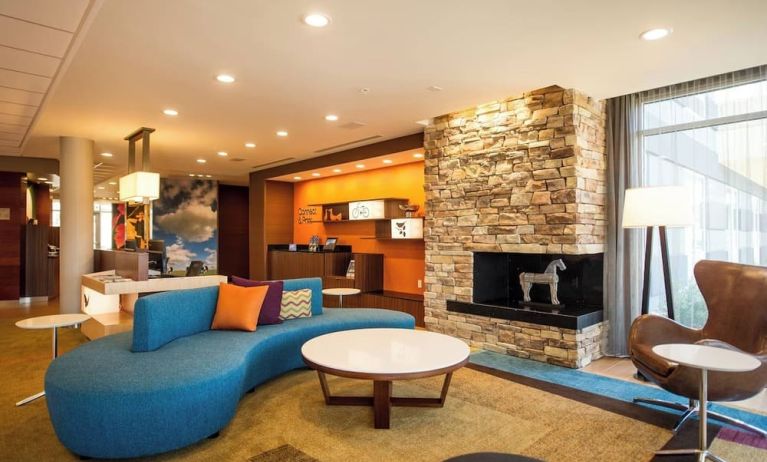 Lobby and coworking lounge at Fairfield Inn And Suites Cambridge Ohio.