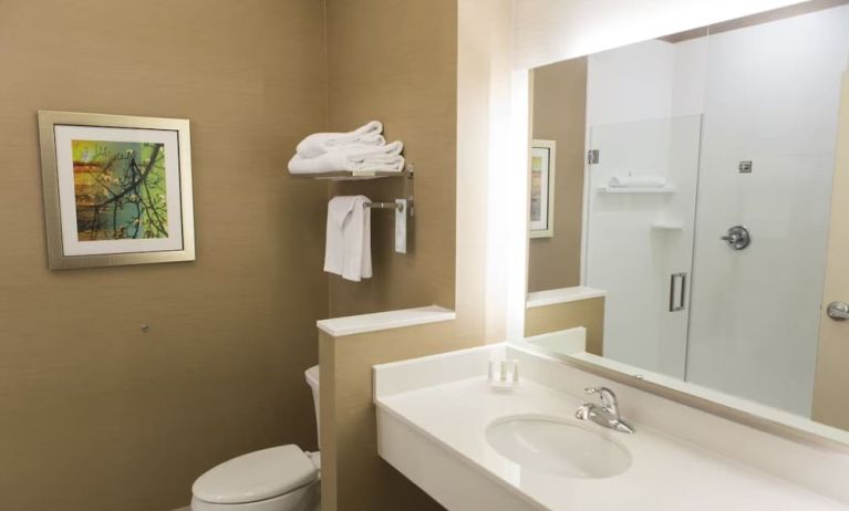 Guest bathroom with shower at Fairfield Inn And Suites Cambridge Ohio.