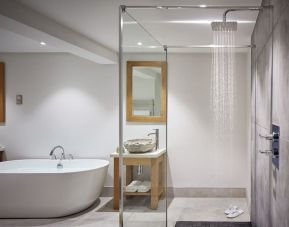 Guest bathroom with shower and tub at Barnett Hill Hotel.