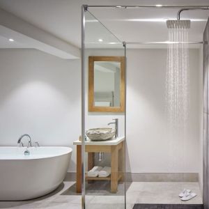 Guest bathroom with shower and tub at Barnett Hill Hotel.