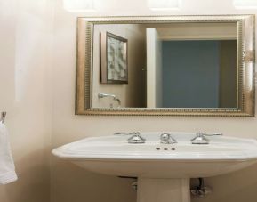 Guest bathroom with shower at Renaissance Newark Airport Hotel.