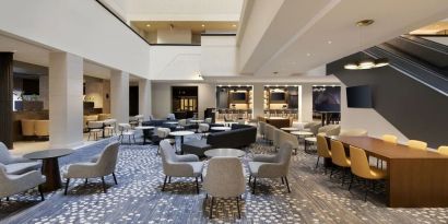 Lobby and coworking lounge at Hyatt Regency Milwaukee.