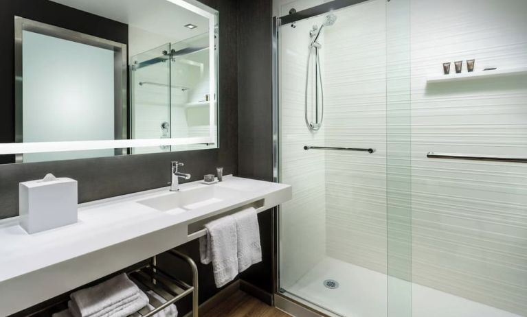 Guest bathroom with shower at AC Hotel By Marriott SFO/Oyster Point Waterfront.