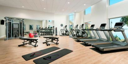 Fully equipped fitness center at AC Hotel By Marriott SFO/Oyster Point Waterfront.