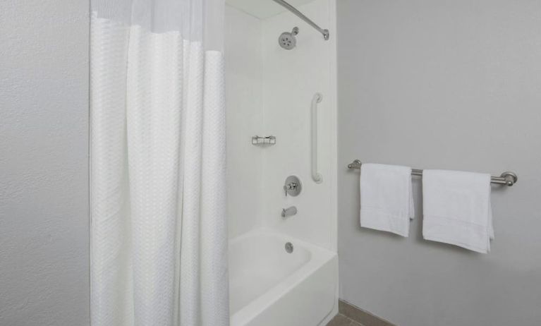 Guest bathroom with shower and tub at Courtyard By Marriott Tampa Oldsmar.