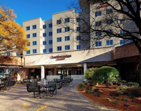 Patio outside building at Residence Inn Secaucus.