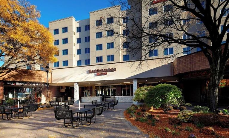 Patio outside building at Residence Inn Secaucus.