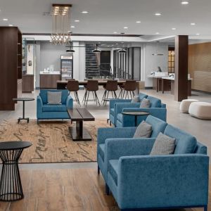 Lobby and coworking lounge at Holiday Inn Hasbrouck Heights-Meadowlands.