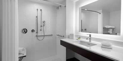 Guest bathroom with shower at Holiday Inn Hasbrouck Heights-Meadowlands.