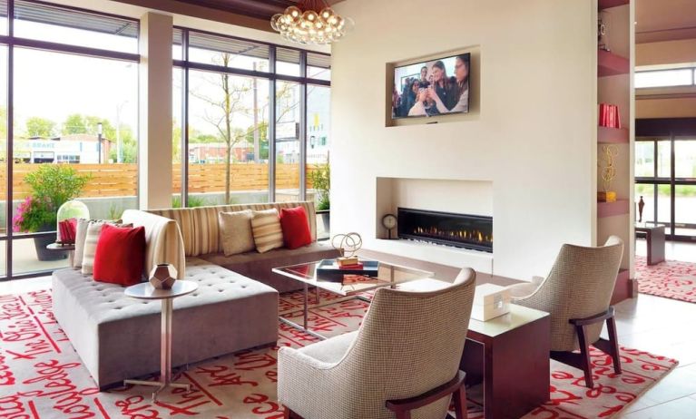 Lobby and coworking lounge at Residence Inn Columbus.