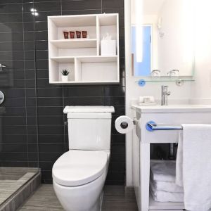 Guest bathroom with shower at Edge Hotel NYC.