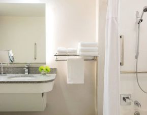 Guest bathroom with shower and tub at Renaissance Meadowlands Hotel.