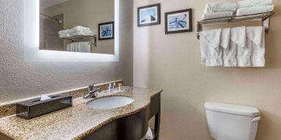 Guest bathroom with shower at Comfort Suites Phoenix Airport.