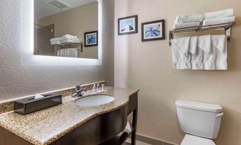 Guest bathroom with shower at Comfort Suites Phoenix Airport.