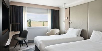 Day use twin room with work desk at Hyatt Place London Heathrow Airport.