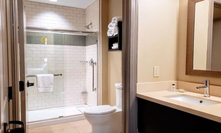 Guest bathroom with shower at Staybridge Suites Baltimore - Inner Harbor.