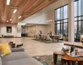 Lobby and coworking lounge at Embassy Suites Boulder.
