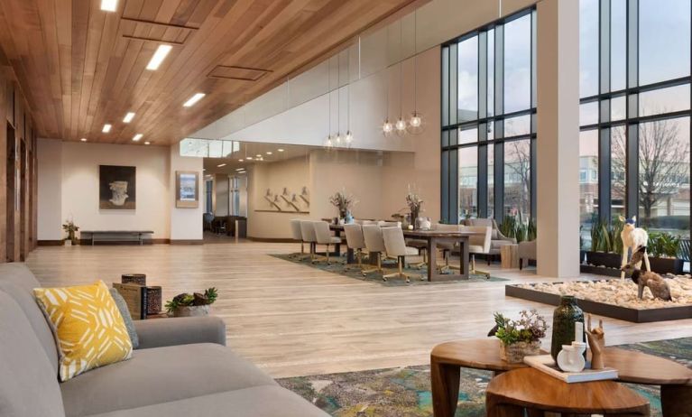 Lobby and coworking lounge at Embassy Suites Boulder.
