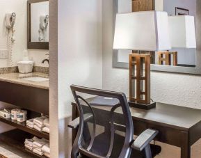 Work desk and guest bathroom at Rodeway Inn Milford.